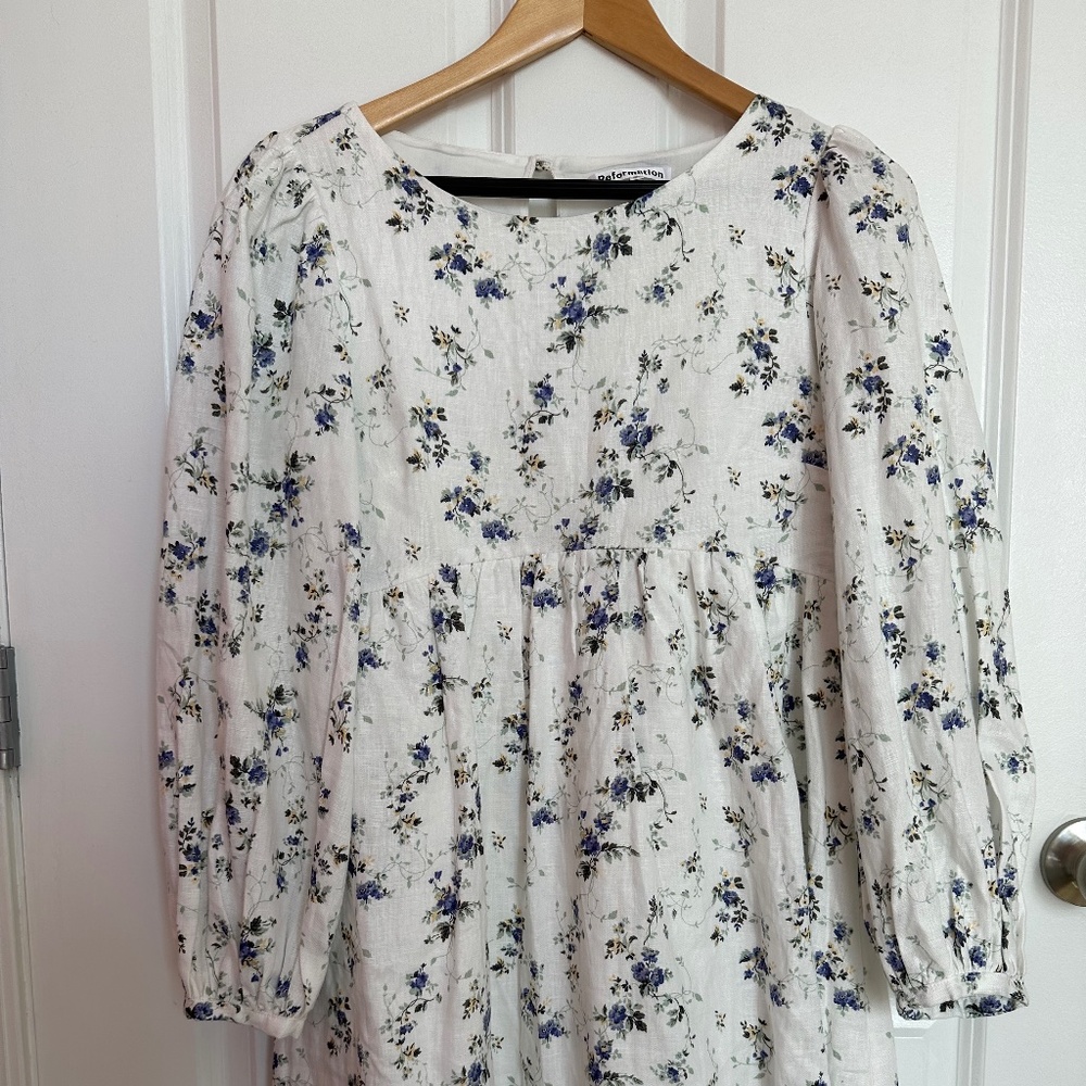 New Reformation White Linen Floral Mini Dress Never Worn Size XS